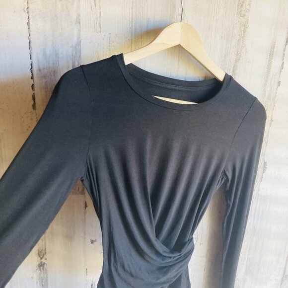 NWOT Three Dots Wrap Knit Top XS Black Tee Long Sleeve Sash Belted Jersey Knit - Picture 2 of 9